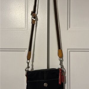 Black Coach Crossbody Bag with Brown Strap